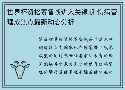 世界杯资格赛备战进入关键期 伤病管理成焦点最新动态分析